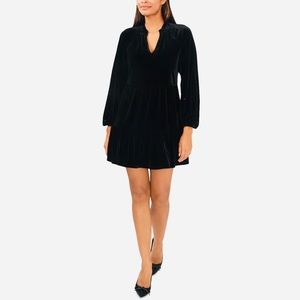 CeCe Black Dress Long Sleeve Velvet Split V-Neck Tiered Babydoll Dress. Large